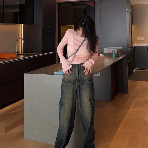 Y2K Vintage High Waist Blue Denim Jeans - Streetwear Fashion for Women