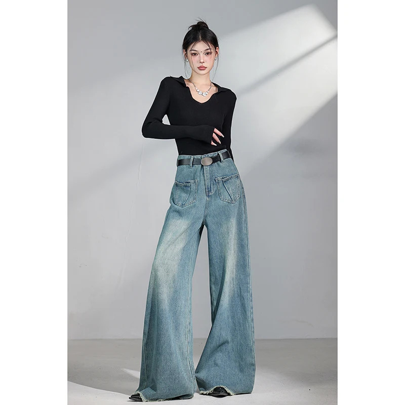 Y2K Vintage High Waist Blue Denim Jeans - Streetwear Fashion with Wide Leg Fit