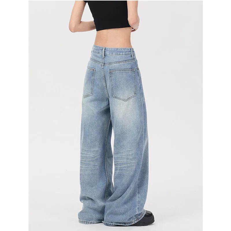 Y2K Vintage High Waist Blue Denim Jeans - Streetwear Wide Leg Pants