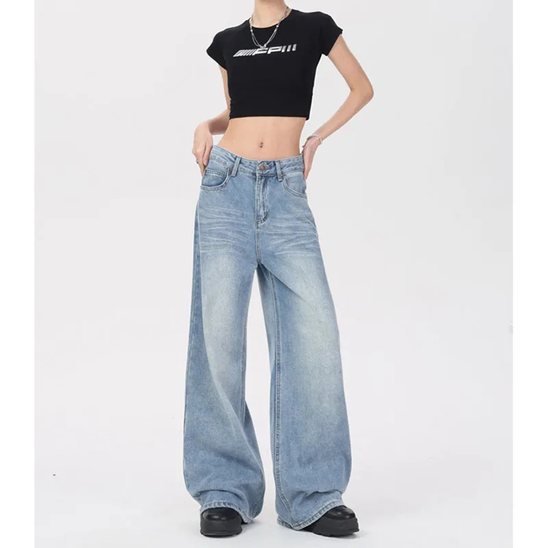 Y2K Vintage High Waist Blue Denim Jeans - Streetwear Wide Leg Pants