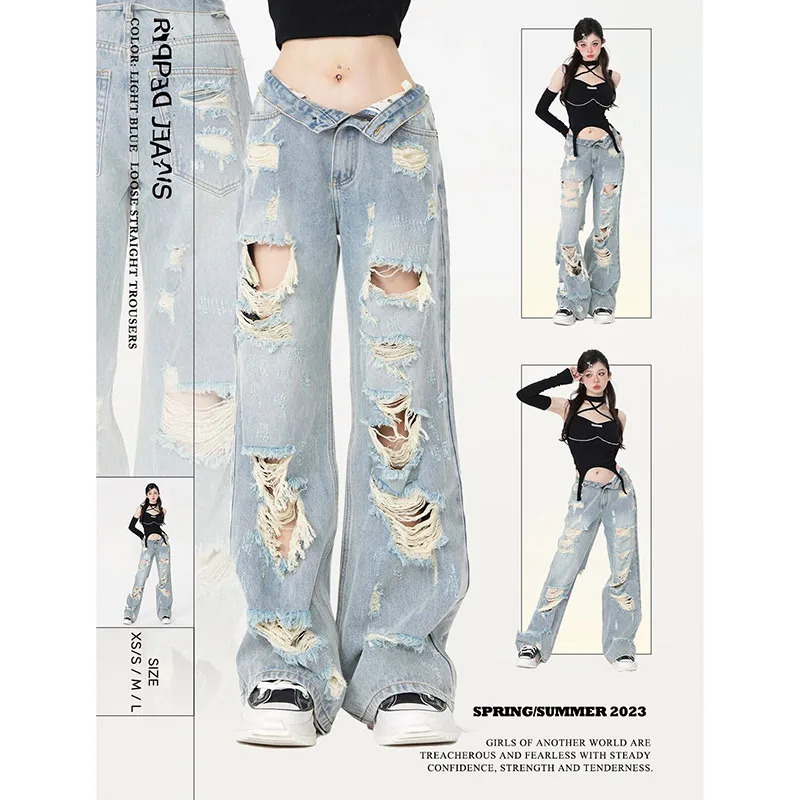 Y2K Vintage High Waist Blue Denim Jeans - Women's Casual Straight Baggy Pants