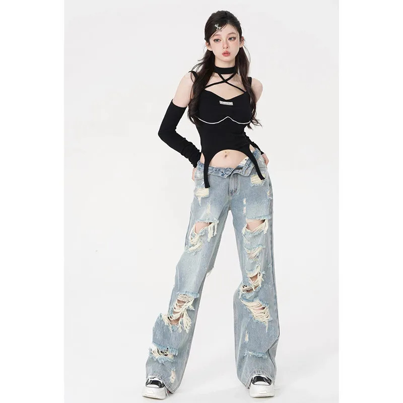 Y2K Vintage High Waist Blue Denim Jeans - Women's Casual Straight Baggy Pants