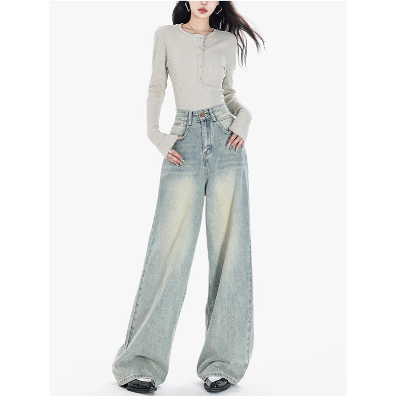 Y2K Vintage High Waist Blue Denim Wide Leg Pants - Women's High Street Fashion