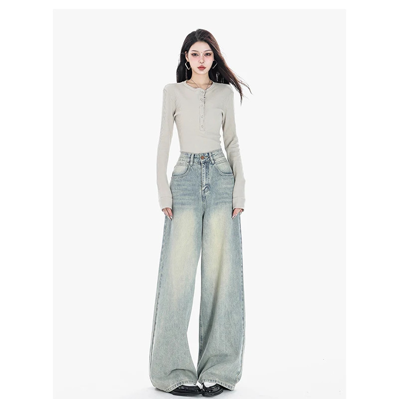 Y2K Vintage High Waist Blue Denim Wide Leg Pants - Women's High Street Fashion