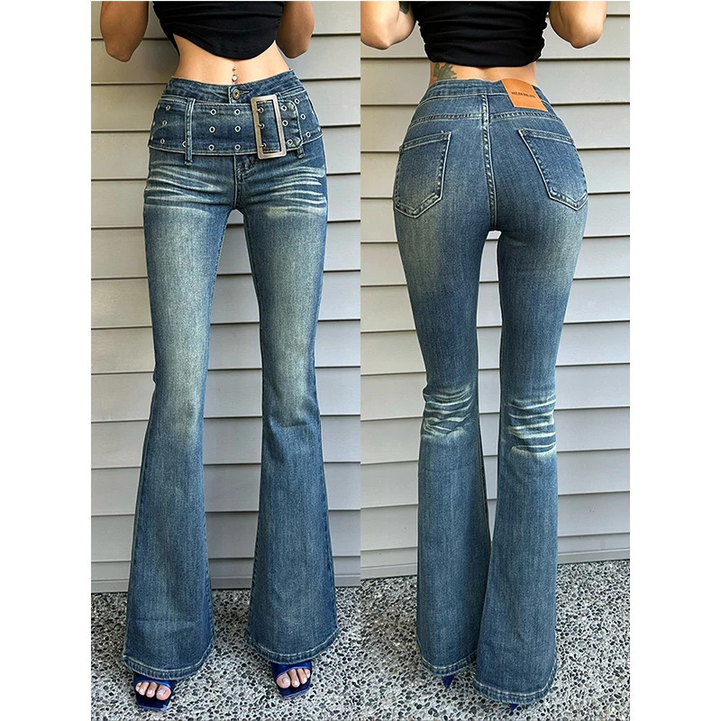 Y2K Vintage High Waist Blue Jeans - American Fashion Hollow Out Wide Leg Denim Pants