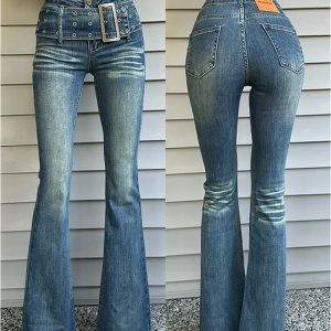 Y2K Vintage High Waist Blue Jeans - American Fashion Hollow Out Wide Leg Denim Pants