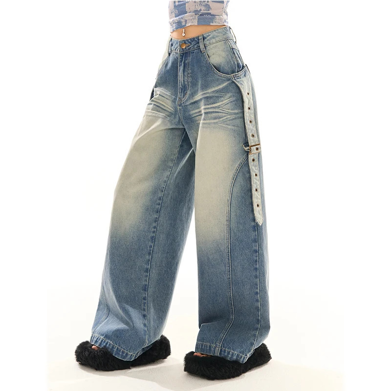 Y2K Vintage High Waist Blue Jeans - American Streetwear Fashion for Women