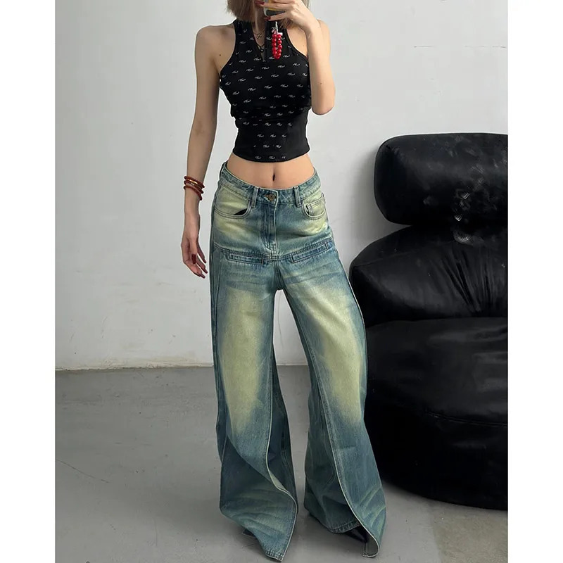 Y2K Vintage High Waist Blue Jeans - American Streetwear Fashion for Women