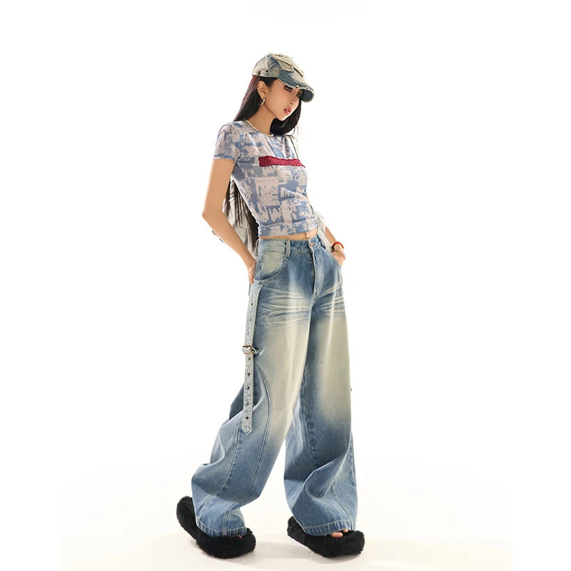 Y2K Vintage High Waist Blue Jeans - American Streetwear Fashion for Women