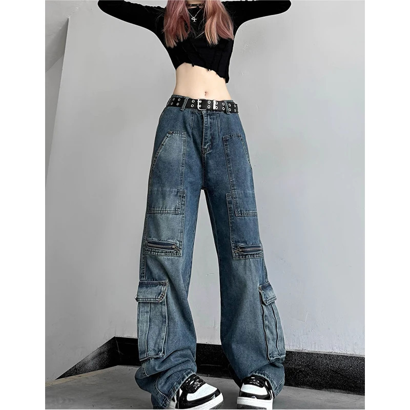 Y2K Vintage High Waist Blue Jeans - American Streetwear Wide Leg Denim Pants