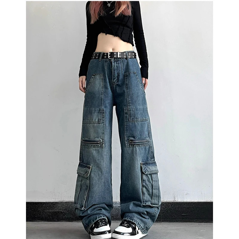 Y2K Vintage High Waist Blue Jeans - American Streetwear Wide Leg Denim Pants