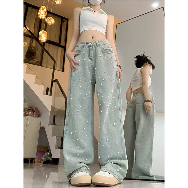 Y2K Vintage High Waist Blue Jeans - High Street Style Women's Wide Leg Denim Trouser