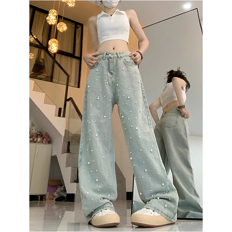 Y2K Vintage High Waist Blue Jeans - High Street Style Women's Wide Leg Denim Trouser