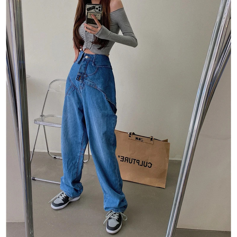 Y2K Vintage High Waist Blue Jeans - Korean Streetwear Denim Trouser