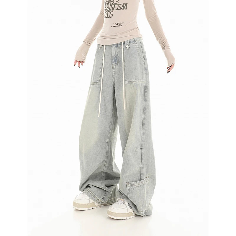 Y2K Vintage High Waist Blue Jeans - Korean Streetwear Style