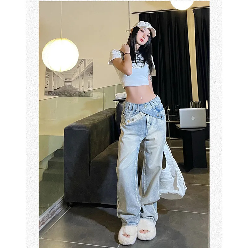 Y2K Vintage High Waist Blue Jeans - Streetwear Wide Leg Denim Pants