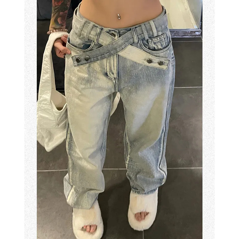 Y2K Vintage High Waist Blue Jeans - Streetwear Wide Leg Denim Pants