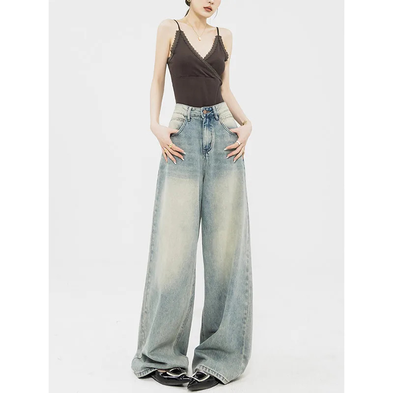 Y2K Vintage High Waist Blue Jeans - Streetwear Wide Leg Pants for Women - 90s Retro Style Straight Fit -