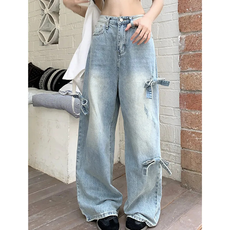 Y2K Vintage High Waist Blue Jeans - Wide Leg Streetwear Denim Pants