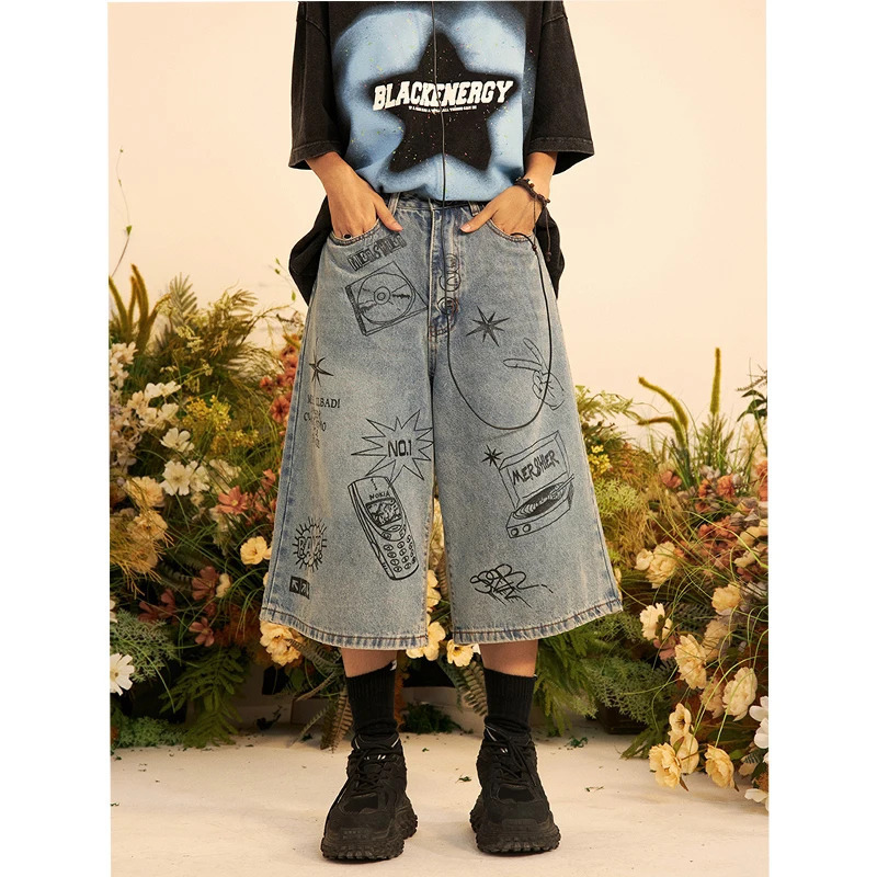 Y2K Vintage High Waist Blue Jeans - Women's Spring Printed Baggy Straight Leg Pants