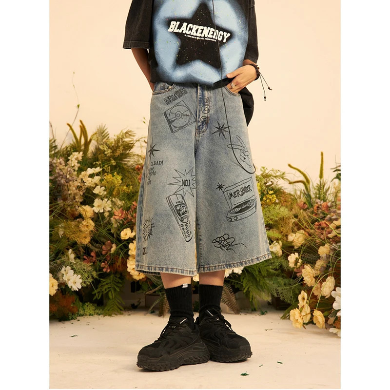 Y2K Vintage High Waist Blue Jeans - Women's Spring Printed Baggy Straight Leg Pants