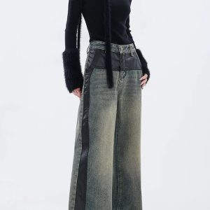 Y2K Vintage High Waist Blue Jeans for Women - American Wide Leg Pants with Straight Spliced Design