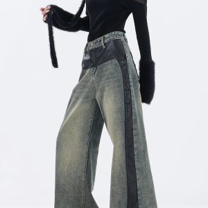 Y2K Vintage High Waist Blue Jeans for Women - American Wide Leg Pants with Straight Spliced Design