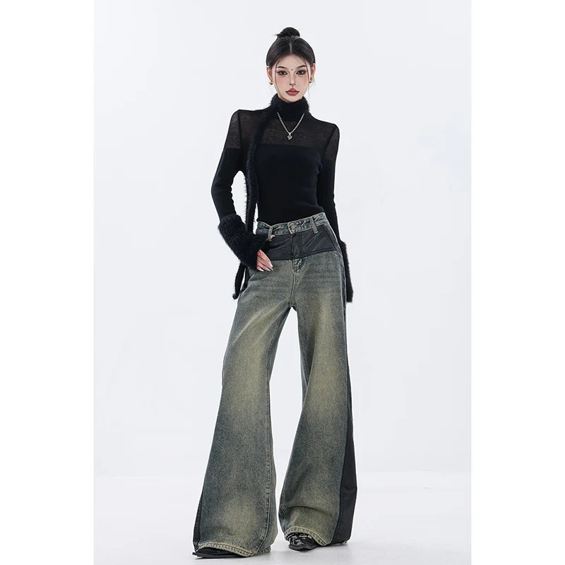 Y2K Vintage High Waist Blue Jeans for Women - American Wide Leg Pants with Straight Spliced Design