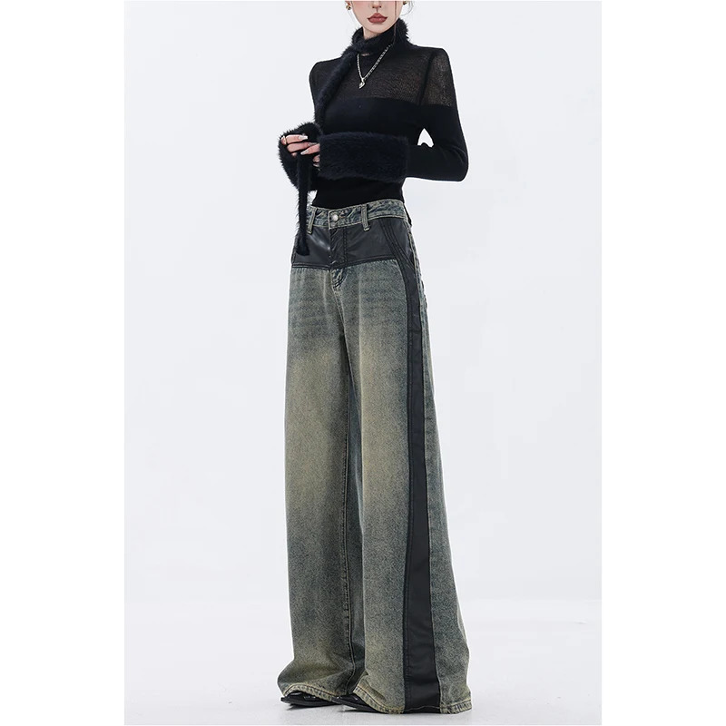 Y2K Vintage High Waist Blue Jeans for Women - American Wide Leg Pants with Straight Spliced Design