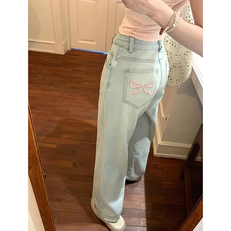 Y2K Vintage High Waist Blue Jeans with Bow Embroidery - American Wide Leg Summer Trousers