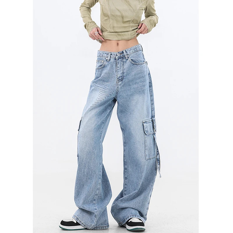 Y2K Vintage High Waist Blue Straight Jeans - Street Style Wide Leg Denim Trouser