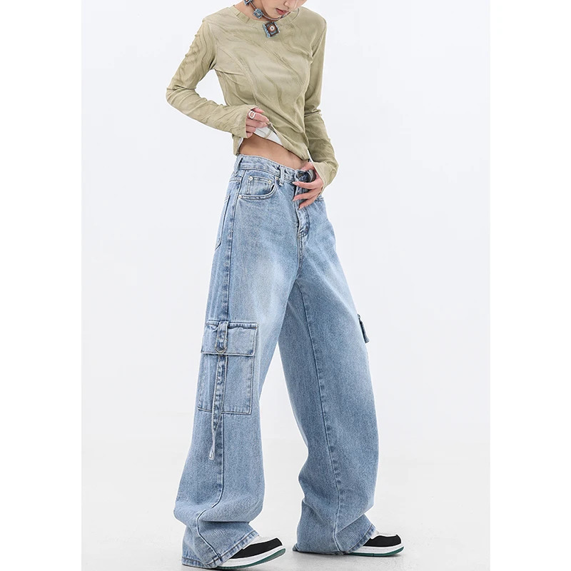 Y2K Vintage High Waist Blue Straight Jeans - Street Style Wide Leg Denim Trouser