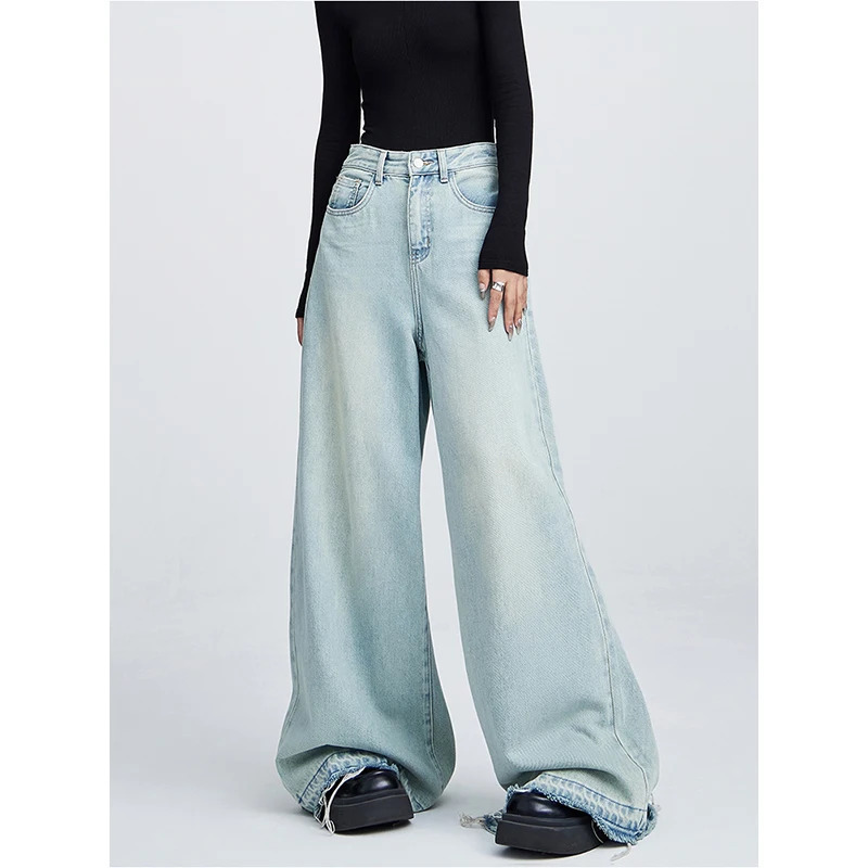 Y2K Vintage High Waist Blue Straight Jeans - Women's High Street Style Loose Pants