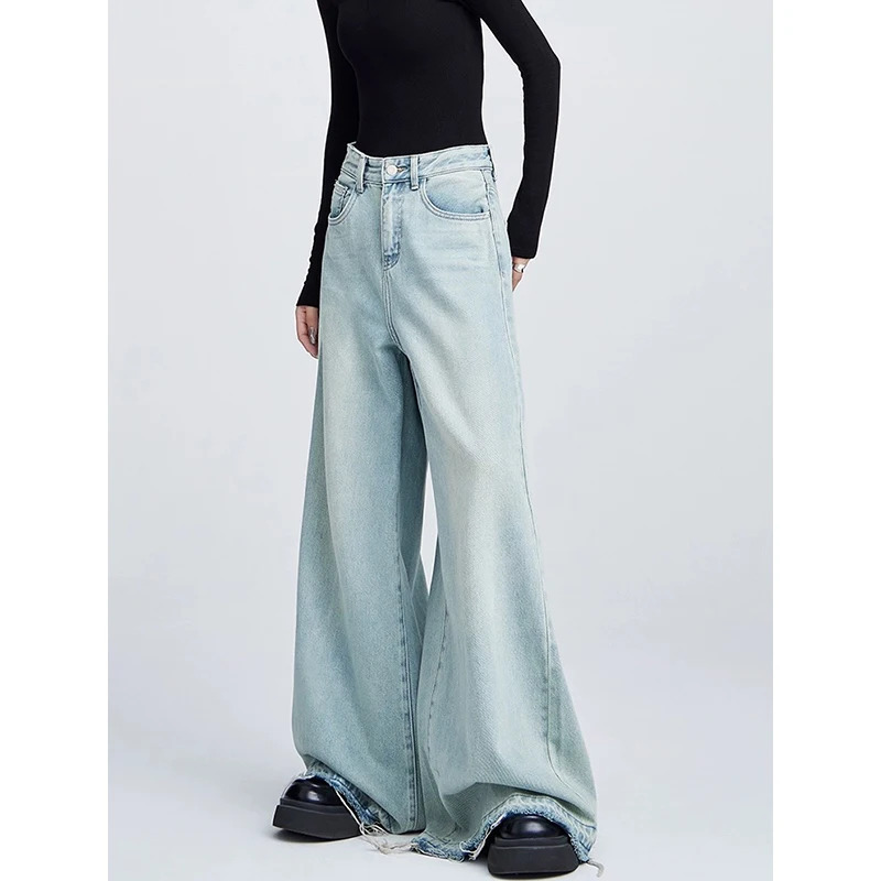 Y2K Vintage High Waist Blue Straight Jeans - Women's High Street Style Loose Pants