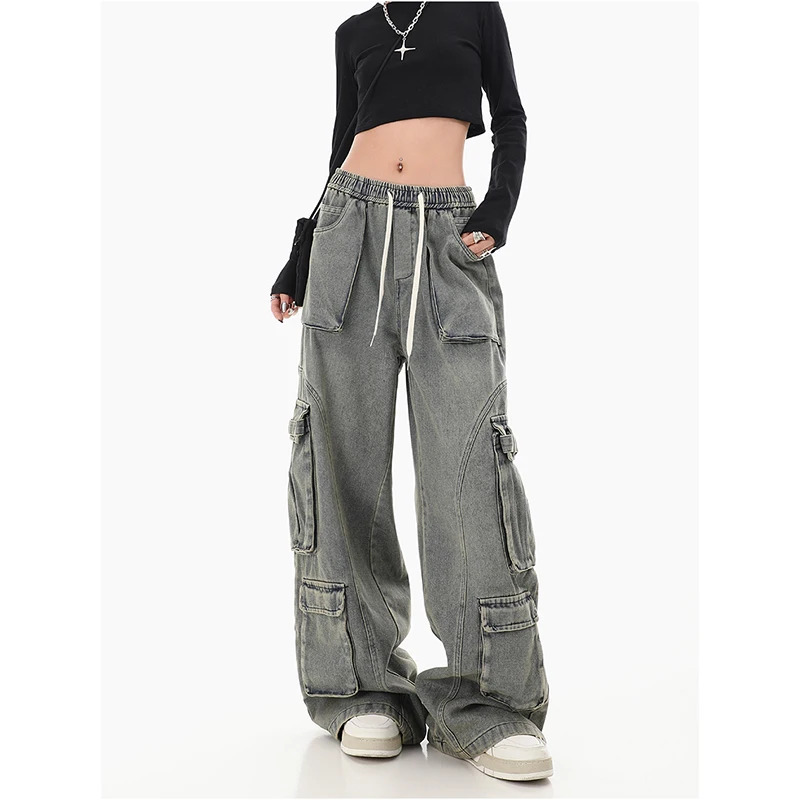 Y2K Vintage High Waist Blue Straight Jeans - Women's High Street Style Wide Leg Denim Trouser