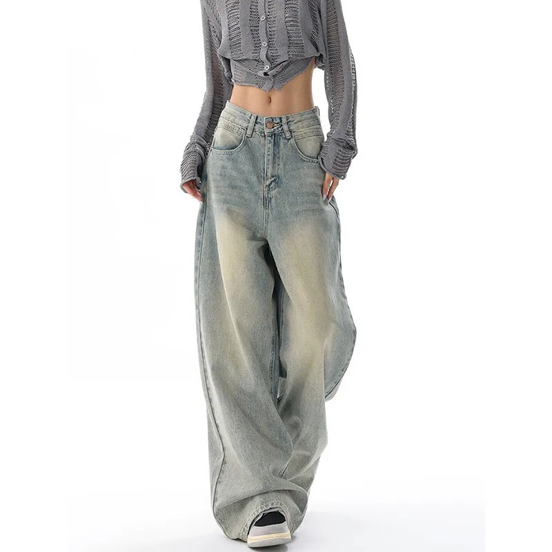 Y2K Vintage High Waist Blue Straight Jeans - Women's Streetwear Fashion