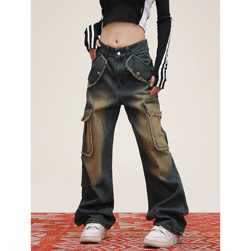 Y2K Vintage High Waist Blue Straight Jeans for Women - Korean Streetwear Style