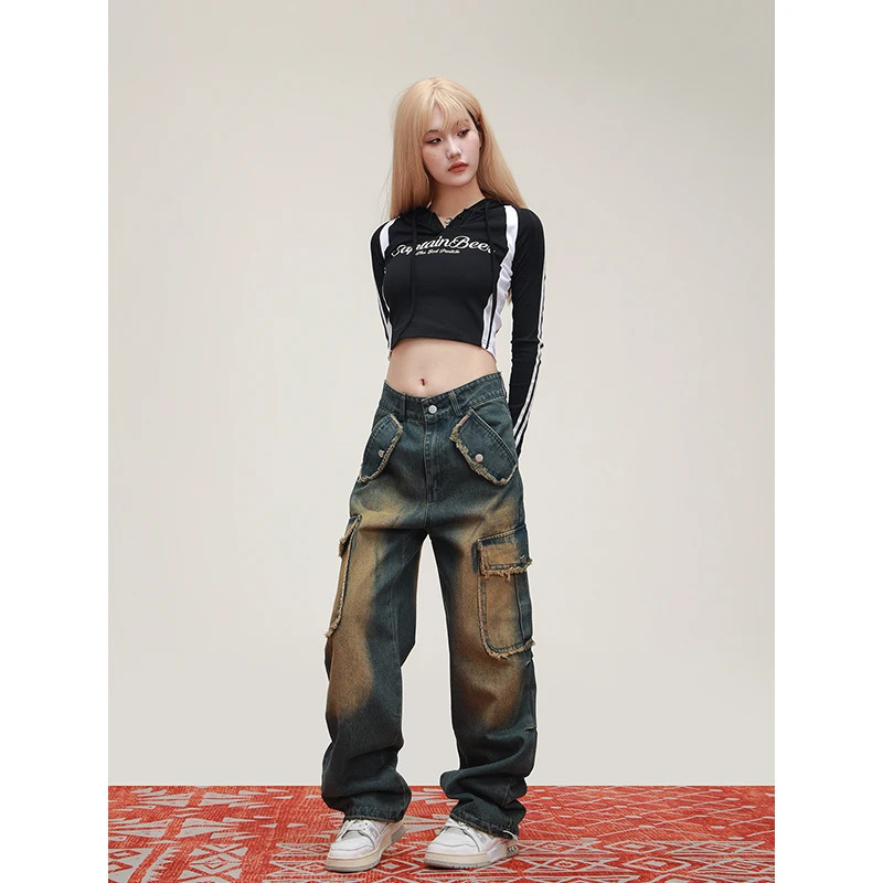 Y2K Vintage High Waist Blue Straight Jeans for Women - Korean Streetwear Style