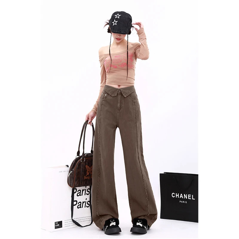 Y2K Vintage High Waist Brown Jeans - Streetwear Fashion with Chic Design