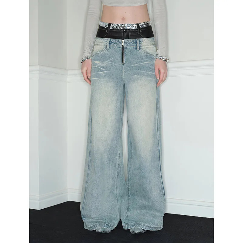 Y2K Vintage High Waist Denim Trouser - Harajuku Aesthetic Retro Wide Leg Pants