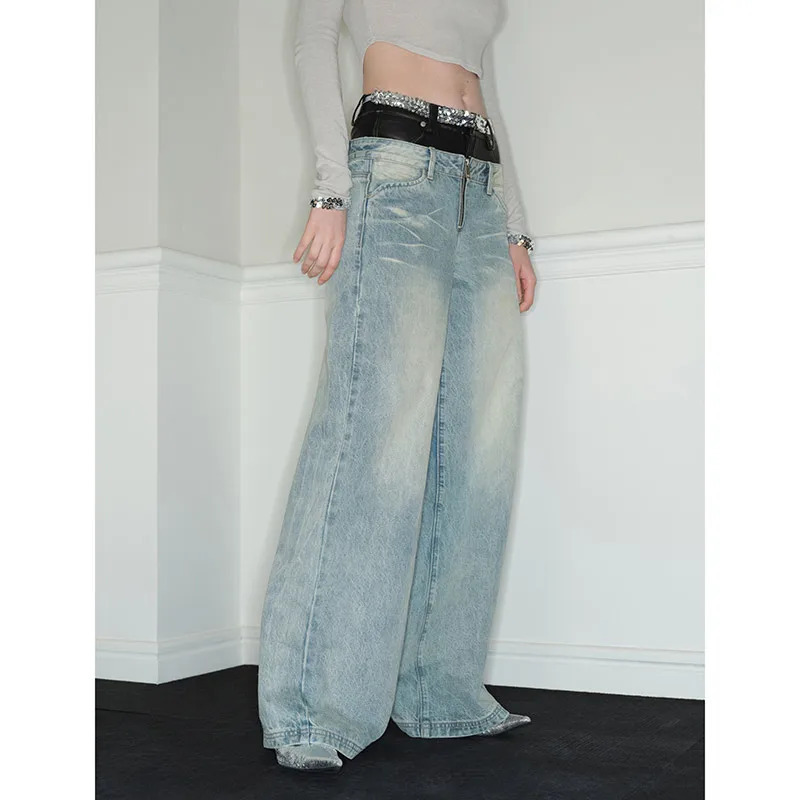 Y2K Vintage High Waist Denim Trouser - Harajuku Aesthetic Retro Wide Leg Pants