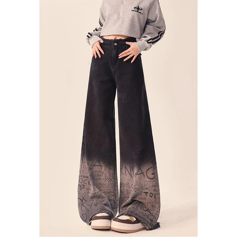 Y2K Vintage High Waist Gradient Jeans - Casual Baggy Wide Leg Denim Trouser