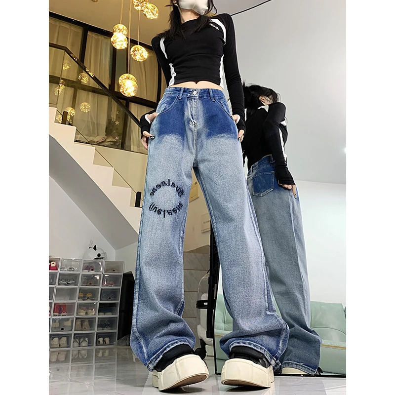 Y2K Vintage High Waist Gradient Jeans - Women's Casual Baggy Denim Trouser