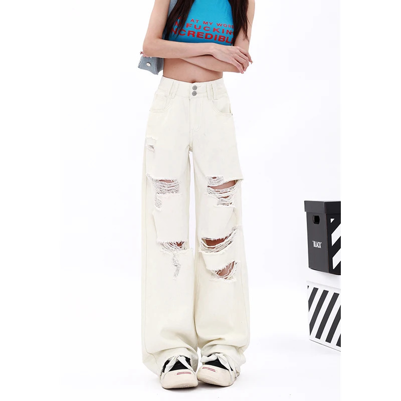 Y2K Vintage High Waist Jeans: Desert White Ripped Straight Pants