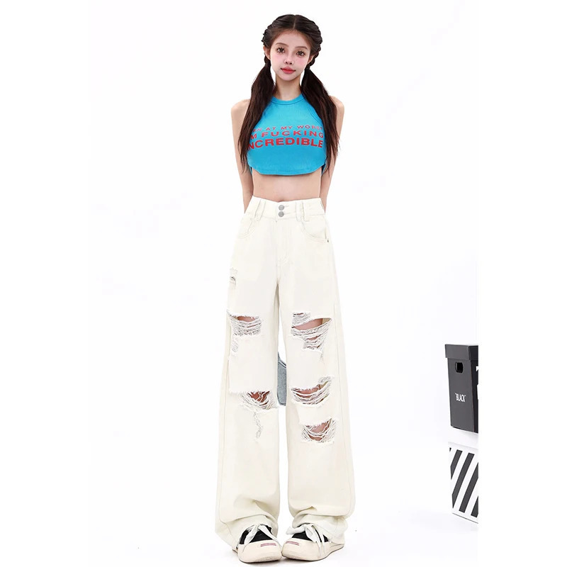 Y2K Vintage High Waist Jeans: Desert White Ripped Straight Pants