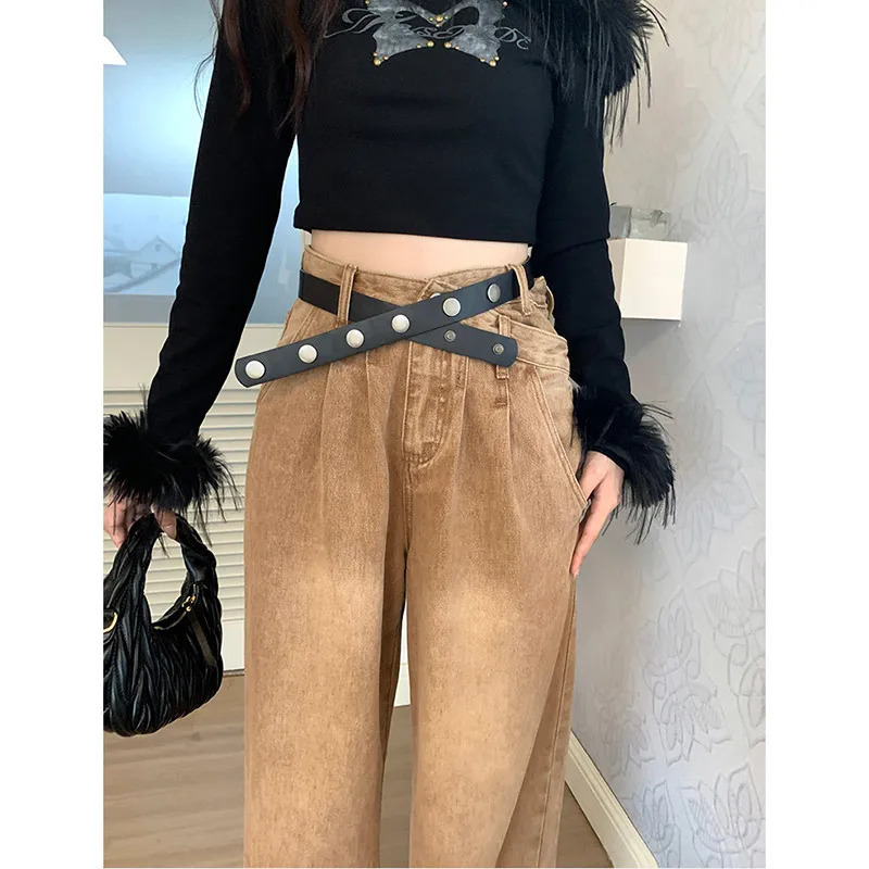 Y2K Vintage High Waist Khaki Jeans - Streetwear Wide Leg Denim Pants