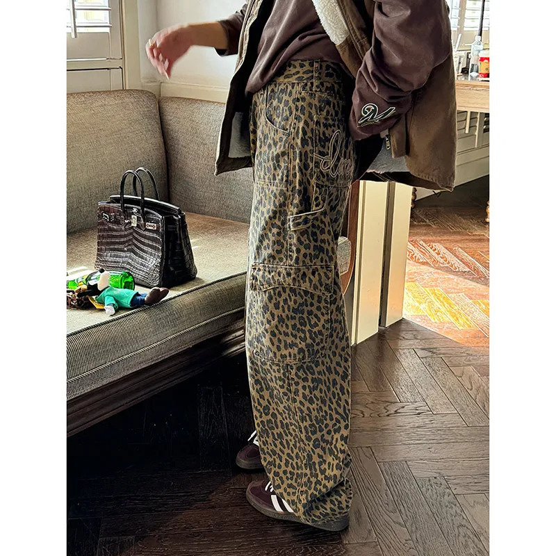 Y2K Vintage High Waist Leopard Print Baggy Jeans - Harajuku Denim Trousers for Women