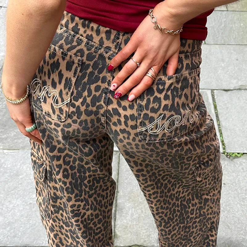 Y2K Vintage High Waist Leopard Print Baggy Jeans - Harajuku Denim Trousers for Women