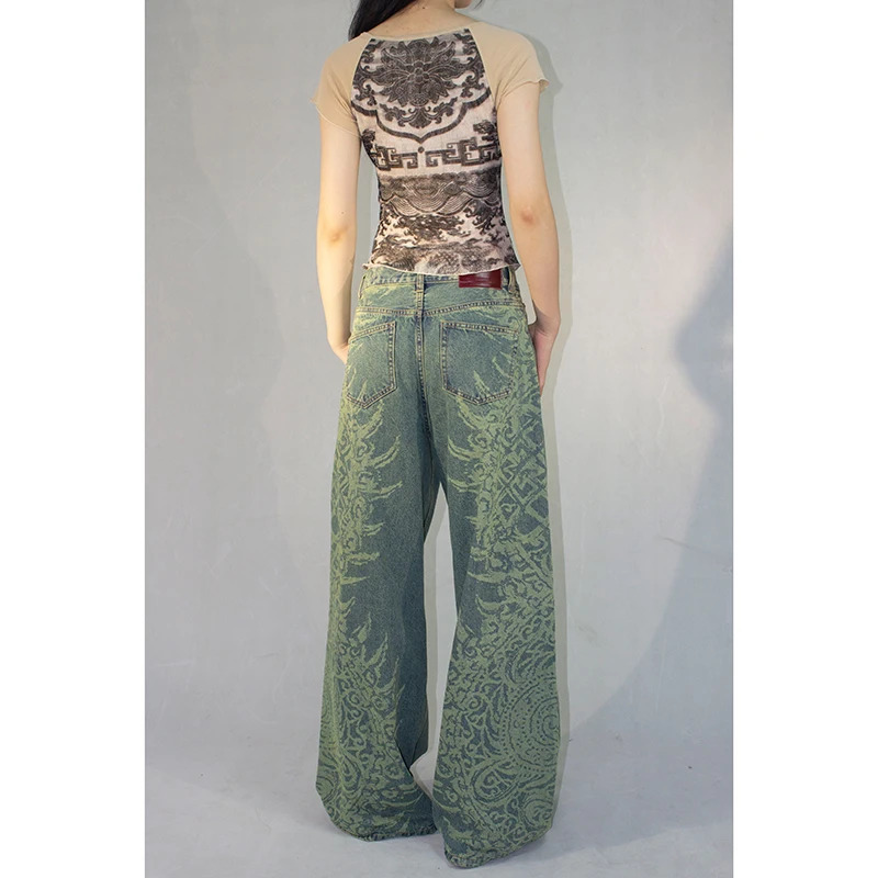 Y2K Vintage High Waist Print Jeans - Women's Casual Baggy Wide Leg Streetwear Denim Trousers