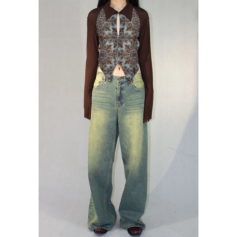 Y2K Vintage High Waist Print Jeans - Women's Casual Baggy Wide Leg Streetwear Denim Trousers